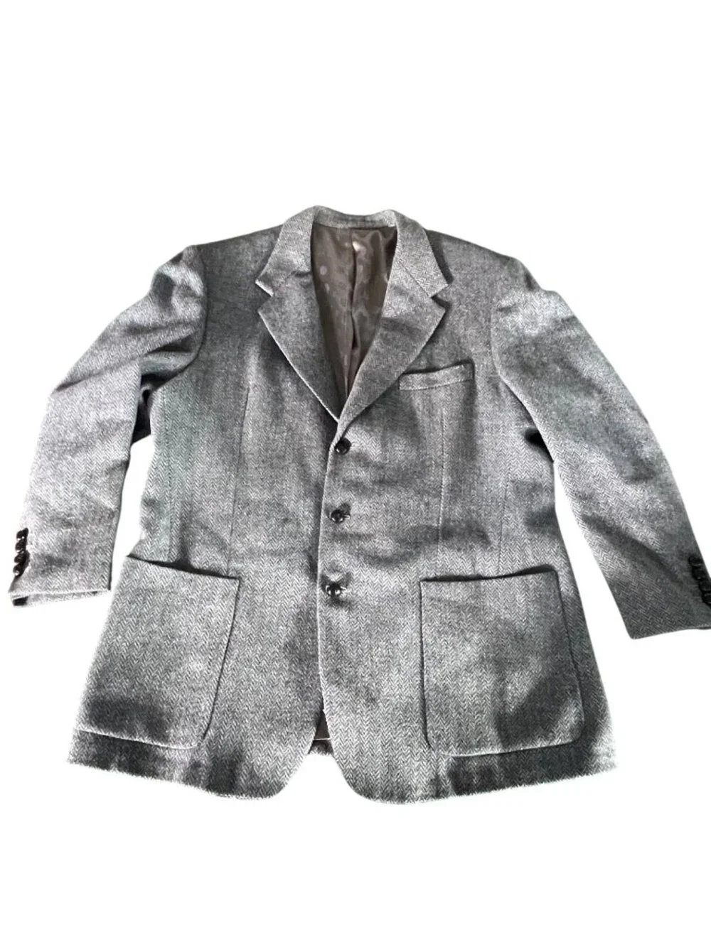 Holland & Sherry Mens Wool Herringbone Blazer In Gray With Satin Lining Size XL